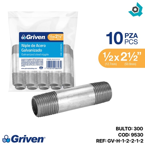 [9530] NIPLE 1/2" X 2 1/2" DE ACERO GALVANIZADO GRIVEN