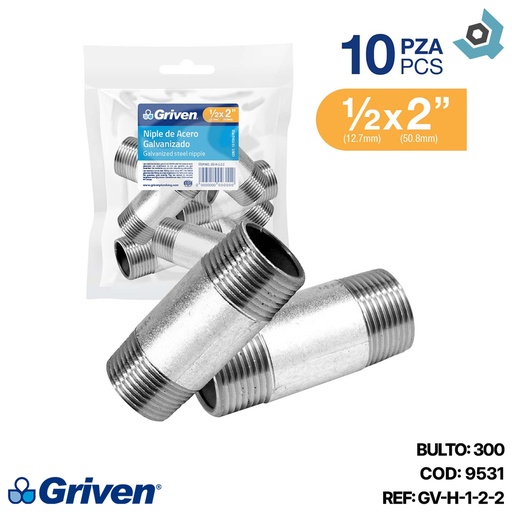 [9531] NIPLE 1/2" X 2" DE ACERO GALVANIZADO GRIVEN