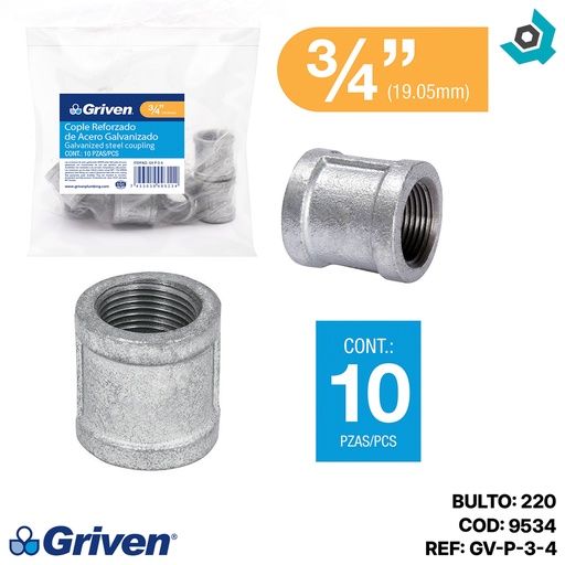 [9534] UNION REFORZADA 3/4" DE ACERO GALVANIZADO GRIVEN
