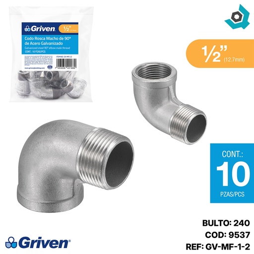 [9537] CODO 90GR 1/2" DE ACERO GALVANIZADO MR GRIVEN