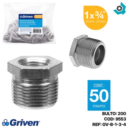 [9553] REDUCCION BUSHING 1" X 3/4" DE ACERO GALVANIZADO GRIVEN