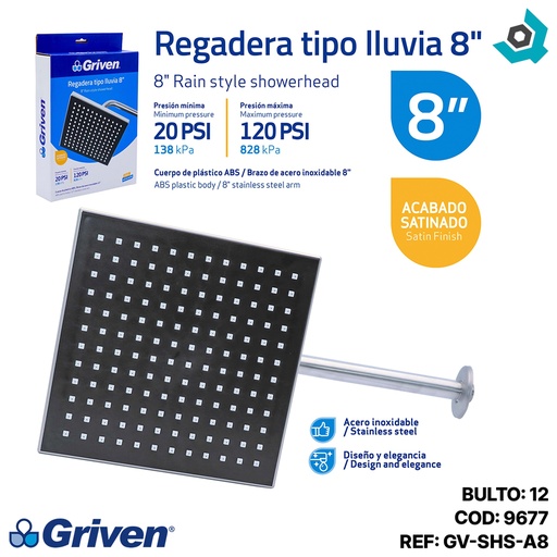 [9677] REGADERA PARA BANO 8" CUADRADA SATINADA GRIVEN