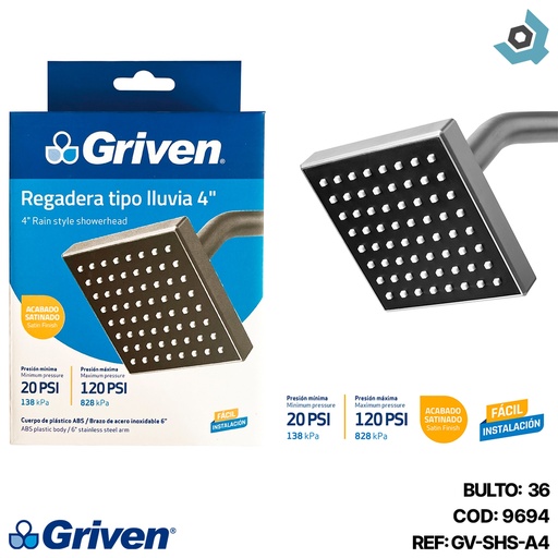 [9694] REGADERA PARA BANO 4" CUADRADA SATINADO GRIVEN