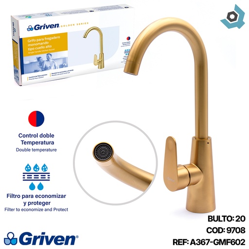 [9708] GRIFERIA PARA FREGADERO INDIVIDUAL CUELLO ALTO GRIVEN DORADO