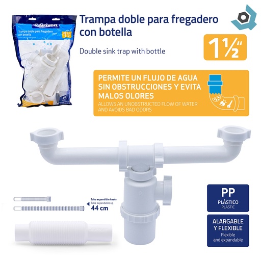 [9727] SIFON PARA FREGADERO 1 1/2" DOBLE CON BOTELLA GRIVEN