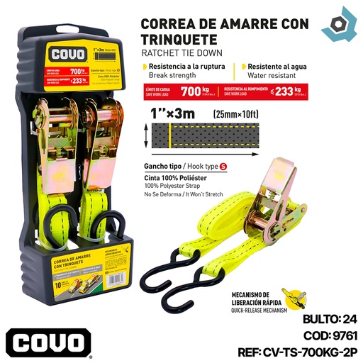 [9761] CORREA DE AMARRE CON TRINQUETE 700KG X 3M COVO