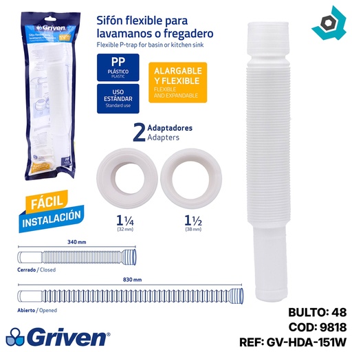 [9818] SIFON PARA FREGADERO Y LAVAMANOS 1 1/2" - 1 1/4" GRIVEN