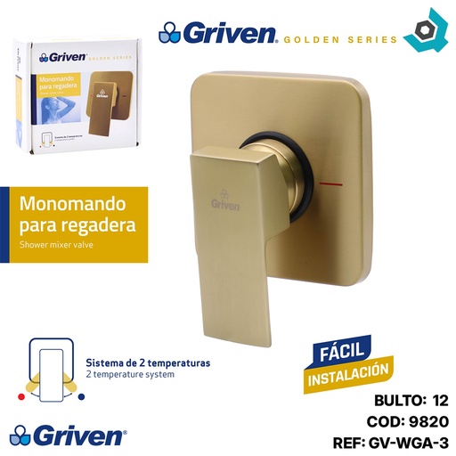 [9820] LLAVE PARA DUCHA 1/2" DORADA MONOMANDO GRIVEN GOLD