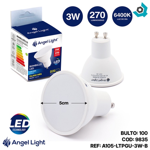[9835] BOMBILLO LED DICROICO 3W ROSCA GU10 ANGEL LIGHT