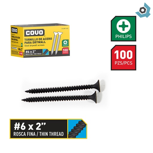 [9851] TORNILLO DRYWALL #6 X 2" ROSCA FINA 100PZA COVO