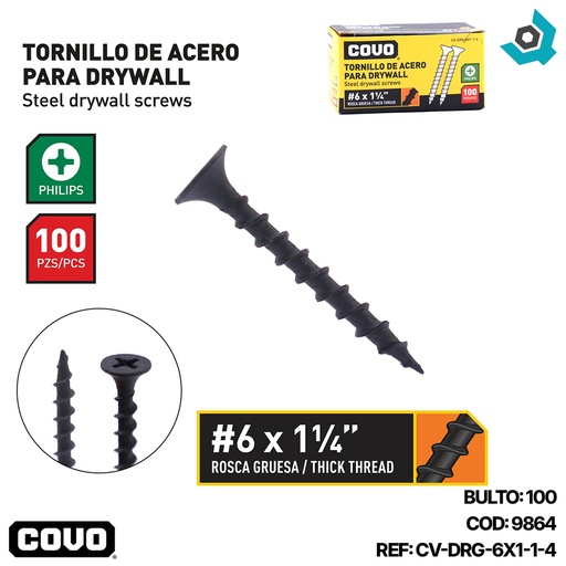 [9864] TORNILLO DRYWALL #6 X 1 1/4" ROSCA GRUESA 100PZA COVO