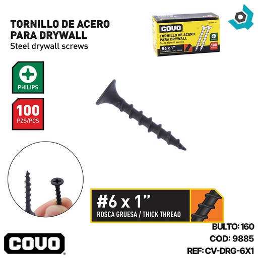 [9885] TORNILLO DRYWALL #6 X 1" ROSCA GRUESA 100PZA COVO