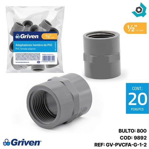 [9892] ADAPTDOR PVC 1/2" HEMBRA GRIS GRIVEN
