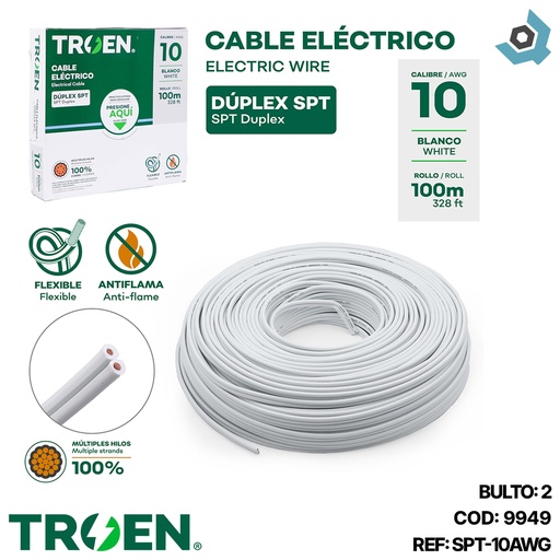 [9949] CABLE ELECTRICO 10 AWG DUPLEX 100M BLANCO TROEN