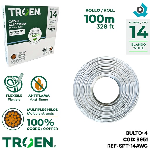 [9951] CABLE ELECTRICO 14 AWG X2 100M BLANCO TROEN