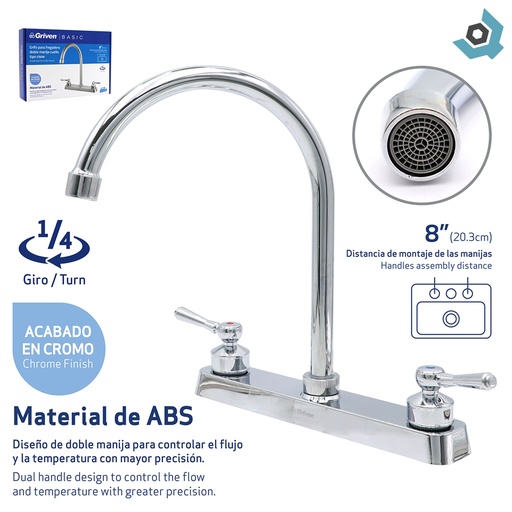 [11099] GRIFERIA PARA FREGADERO 8" DOBLE MANIJA CUELLO TIPO CISNE GRIVEN BASIC