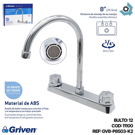 [11100] GRIFERIA PARA FREGADERO 8" DOBLE MANIJA CUELLO TIPO CISNE GRIVEN BASIC