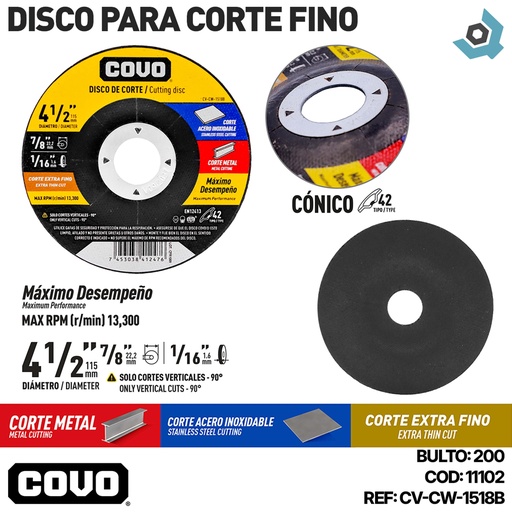 [11102] DISCO PARA CORTE FINO 4 1/2" PARA CORTE EN METAL COVO