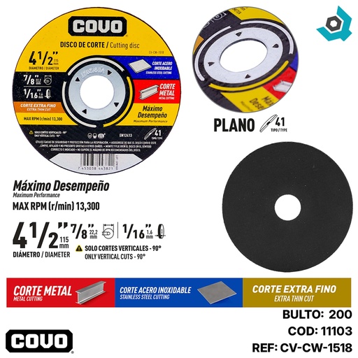 [11103] DISCO PARA CORTE EN METAL 4 1/2" FINO COVO