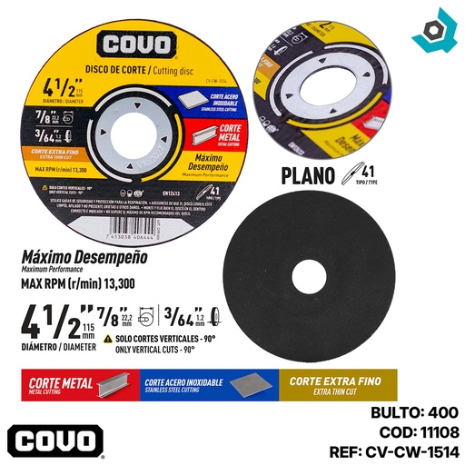 [11108] DISCO PARA CORTE EN METAL 4 1/2" EXTRA FINO COVO