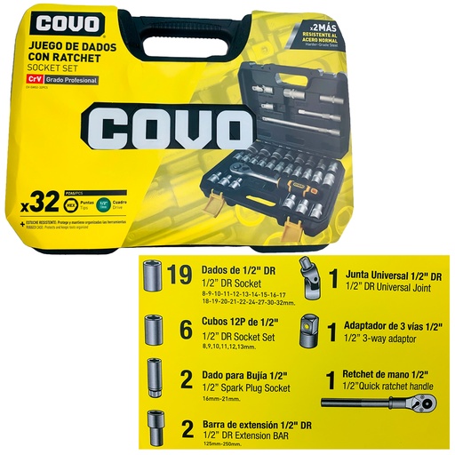 [11130] JUEGO DE DADOS CON RACHET 32 PIEZAS 1/2" COVO
