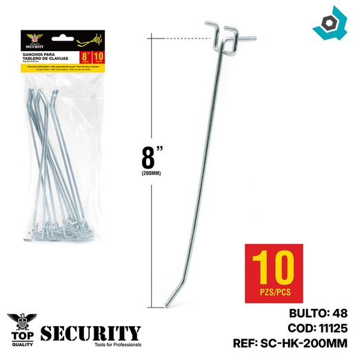 [11125] GANCHOS PARA TABLEROS DE CLAVIJA 8" 10 PIEZAS SECURITY