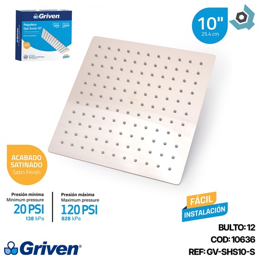 [10636] REGADERA PARA DUCHA TIPO LLUVIA CUADRADA 10" SATINADA GRIVEN