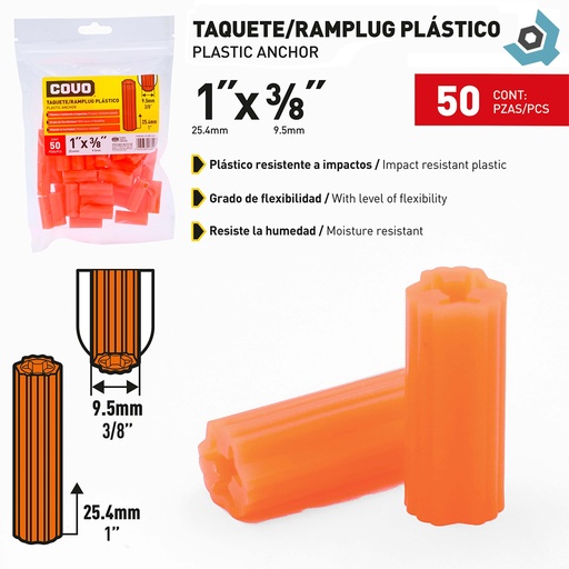 [11060] RAMPLUG PLASTICO 1" X 3/8" 50 PIEZAS NARANJA COVO