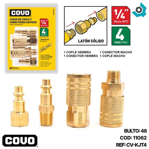[11062] JUEGO DE COPLE Y CONECTORES RAPIDOS 1/4" 4 PIEZAS COVO