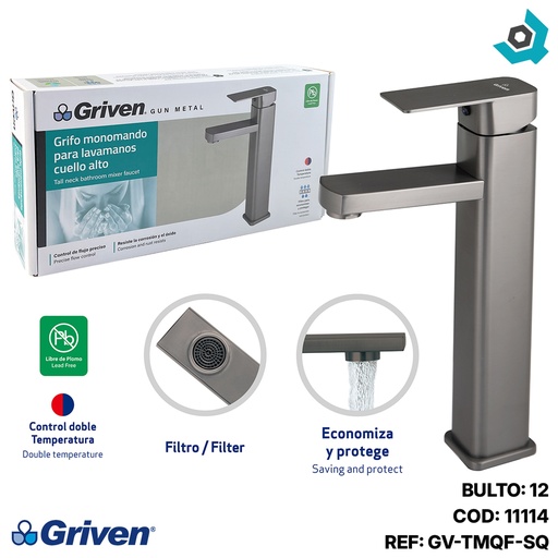 [11114] GRIFERIA MONOMANDO PARA LAVAMANOS CUELLO ALTO GRIS METALICO GRIVEN GUN METAL