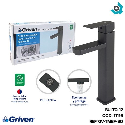 [11116] GRIFERIA MONOMANDO PARA LAVAMANOS CUELLO ALTO NEGRO GRIVEN BLACK