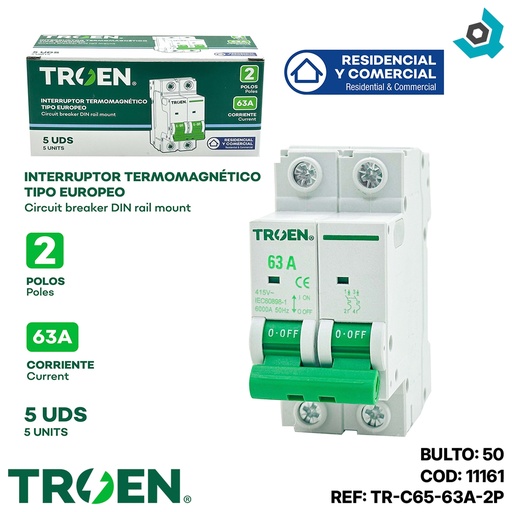 [11161] BREAKER TERMOMAGNETICO 63A 2P TIPO EUROPEO TROEN