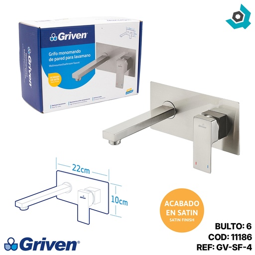 [11186] GRIFERIA MONOMANDO PARA LAVAMANOS DE PARED SATINADO GRIVEN
