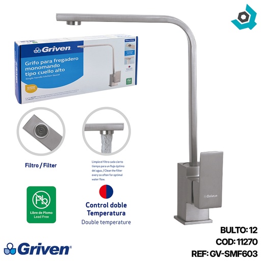 [11270] GRIFERIA PARA FREGADERO MONOMANDO TIPO CUELLO ALTO SATINADO GRIVEN