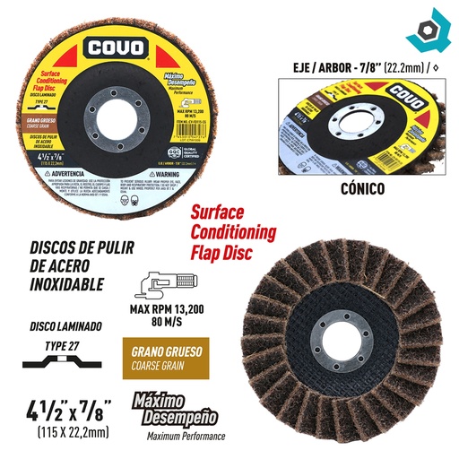 [11296] DISCODE ABRASIVO 4 1/2" GRANO GRUESO PARA PULIR DE ACERO INOXIDABLE COVO