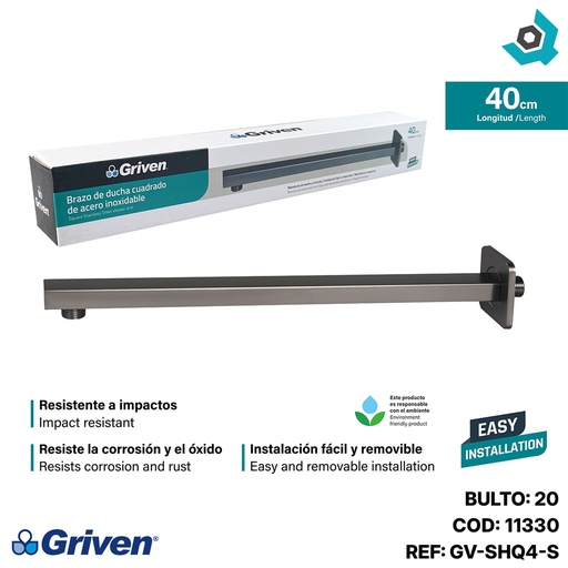 [11330] BRAZO DE DUCHA CUADRADO 40CM GRIS METALICO GRIVEN GUN METAL