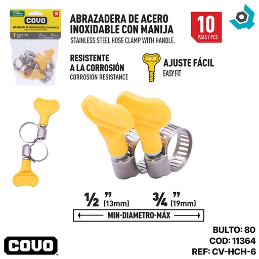 [11364] ABRAZADERA CON MANIJA 1/2" A 3/4" 10 PZAS COVO