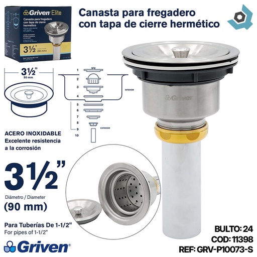 [11398] DESAGUE PARA FREGADERO CON CANASTA Y TAPA DE CIERRE HERMETICO 3 1/2" GRIVEN ELITE