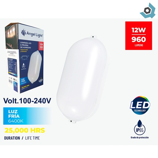 [11412] LAMPARA LED A PRUEBA DE HUMEDA 12W BLANCO LUZ FRIA 6400K ANGEL LIGHT