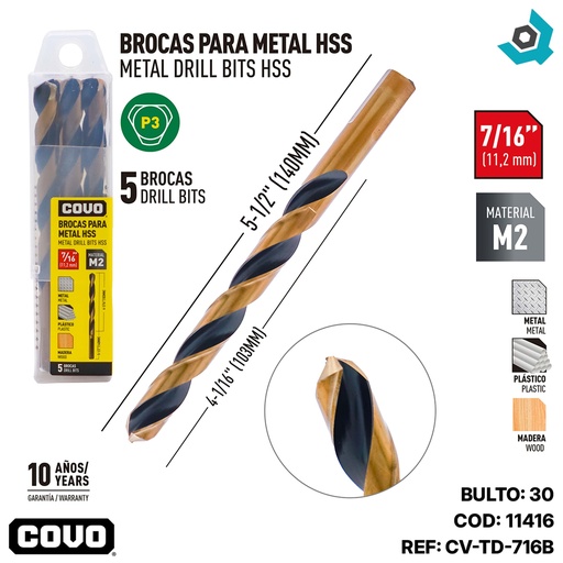 [11416] MECHAS PARA METAL 7/16" HSS 5 PIEZAS COVO