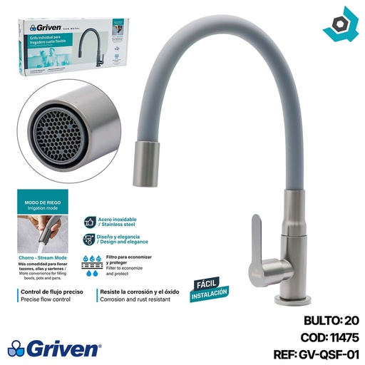 [11475] GRIFERIA INDIVIDUAL PARA FREGADERO CUELLO FLEXIBLE GRIS METALICO GRIVEN GUN METAL