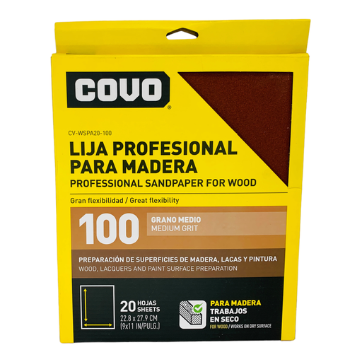[11476] LIJA PROFESIONAL 9" X 11" PARA MADERA GRANO 100 COVO