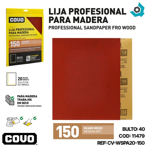 [11479] LIJA PROFESIONAL 9" X 11" PARA MADERA GRANO 150 COVO
