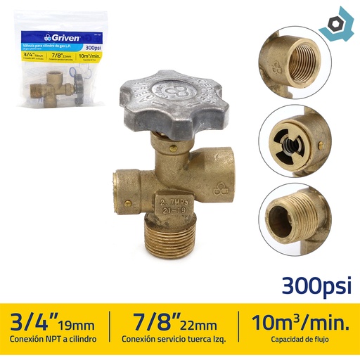 [11483] VALVULA PARA CILINDRO DE GAS L.P 3/4" 7/8" GRIVEN