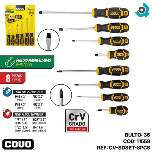 [11558] JUEGO DE DESTORNILLADORES 8 PIEZAS PROFESIONAL COVO