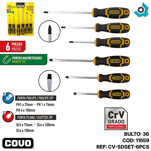 [11559] JUEGO DE DESTORNILLADORES 6 PIEZAS PROFESIONAL COVO