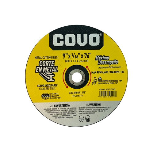 [11641] DISCO PARA CORTE EN METAL 9" X 1/16" X 7/8" COVO