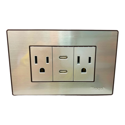 [11675] TOMACORRIENTE DOBLE CON 2 USB TIPO C ACERO INOXIDABLE TROEN