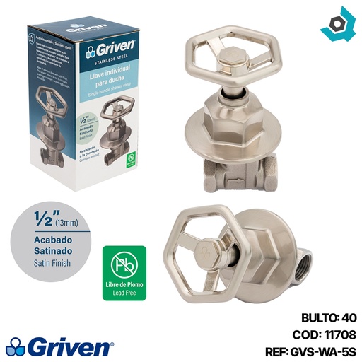 [11708] LLAVE PARA DUCHA 1/2" SATINADO ACERO INOXIDABLE GRIVEN