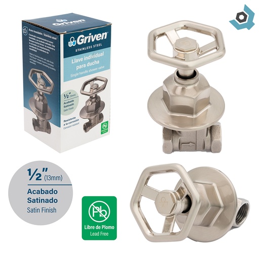 [11708] LLAVE PARA DUCHA 1/2" SATINADO ACERO INOXIDABLE GRIVEN